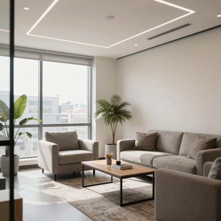 A bright and airy consultation room featuring modern architecture and a comfortable, professional seating area.