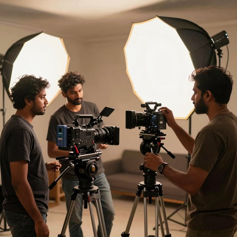A South Asian / Indian media team conducting an indoor professional video shoot with cinema cameras, studio softboxes, and warm ambient lighting.