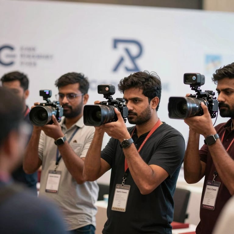 A South Asian / Indian event coverage team capturing high-energy moments at a corporate product launch event with professional cameras.
