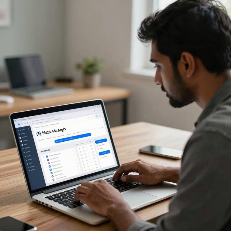 A South Asian / Indian digital marketer reviewing Meta ads analytics and campaign dashboards on a laptop in a modern studio setup.