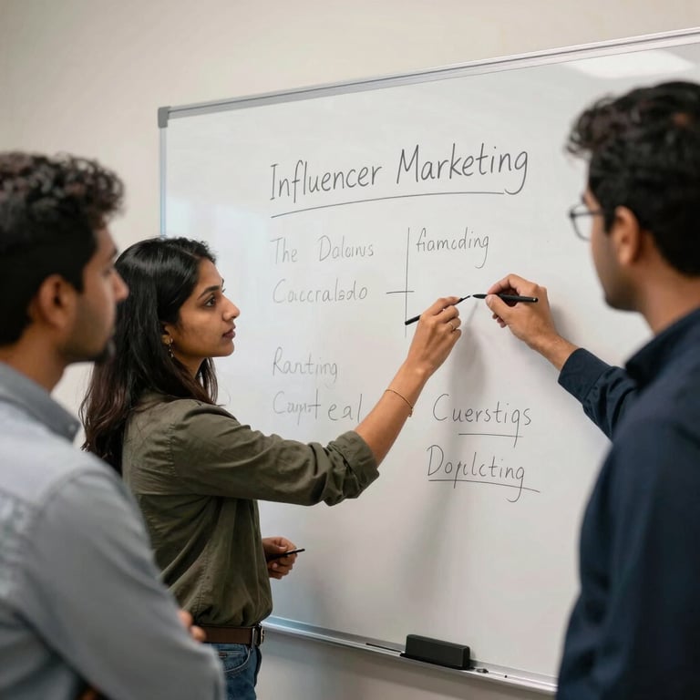 A creative brainstorming session with South Asian / Indian strategists mapping out an influencer marketing strategy on a whiteboard.