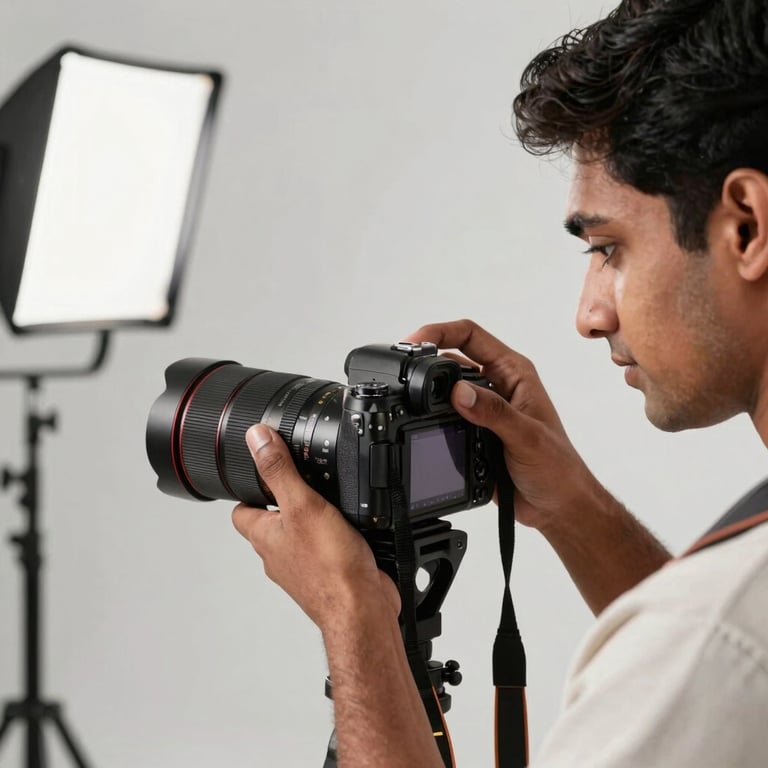 A South Asian / Indian photographer adjusting camera focus and studio lighting for a high-end brand product photoshoot.