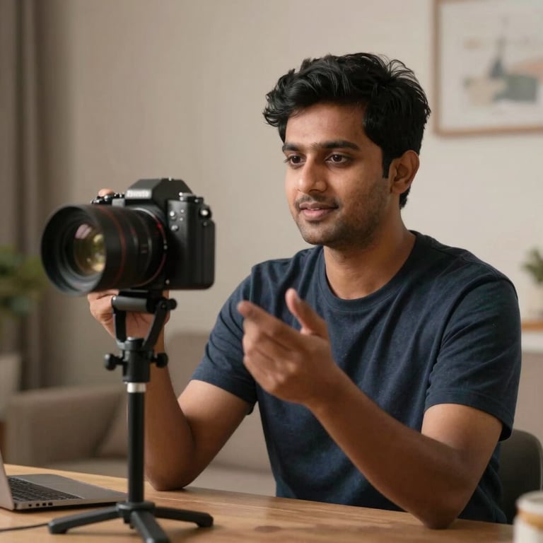 Behind-the-scenes photography of a South Asian / Indian content creator recording a social media video in a cozy studio setting.