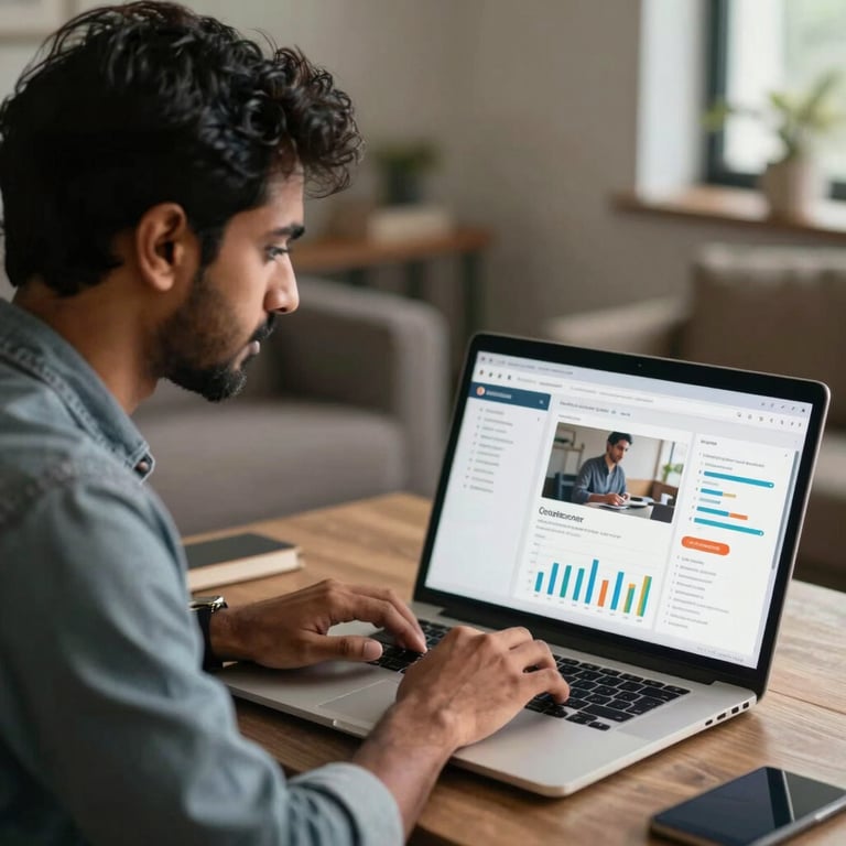 A South Asian / Indian social media manager scheduling campaign posts and reviewing engagement metrics on a laptop.