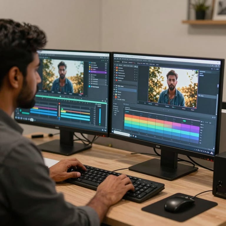 A South Asian / Indian video editor fine-tuning promotional video footage on dual monitors with color grading controls.