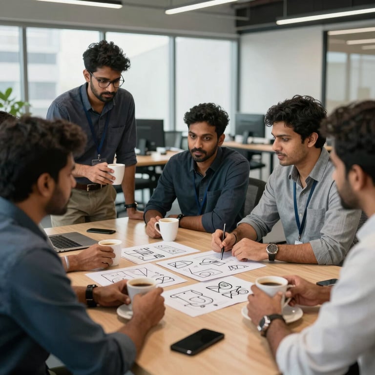 A collaborative agency meeting in a modern South Asian / Indian office, with team members discussing creative storyboards over coffee.