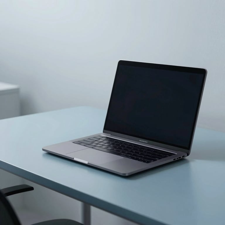 A minimalist workspace with a high-end laptop on a misty blue desk, clean lines, representing technical precision.