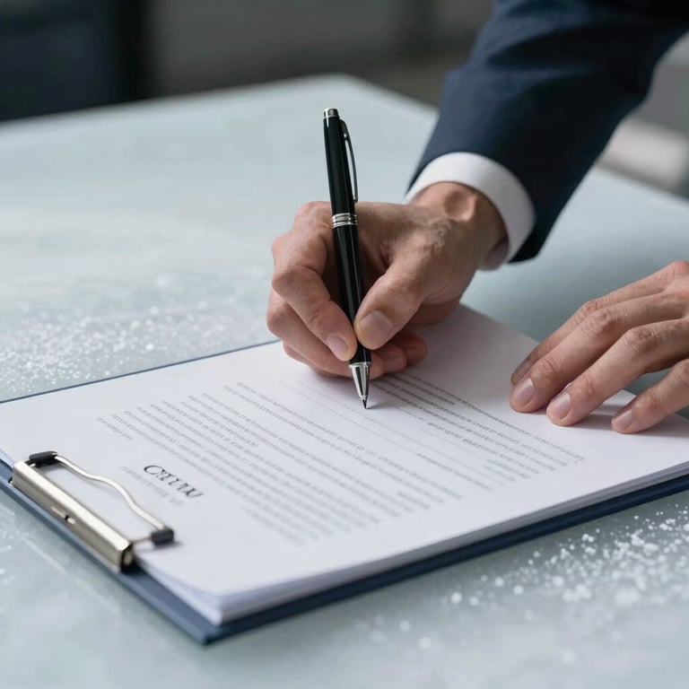 A pair of hands signing a recruitment agreement on a soft ice surface, high-end pen, professional cinematic lighting.