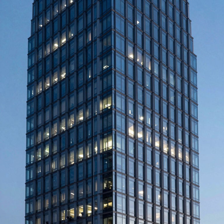 Architectural shot of a high-rise office building at dusk with steel blue glowing windows and sharp lines.