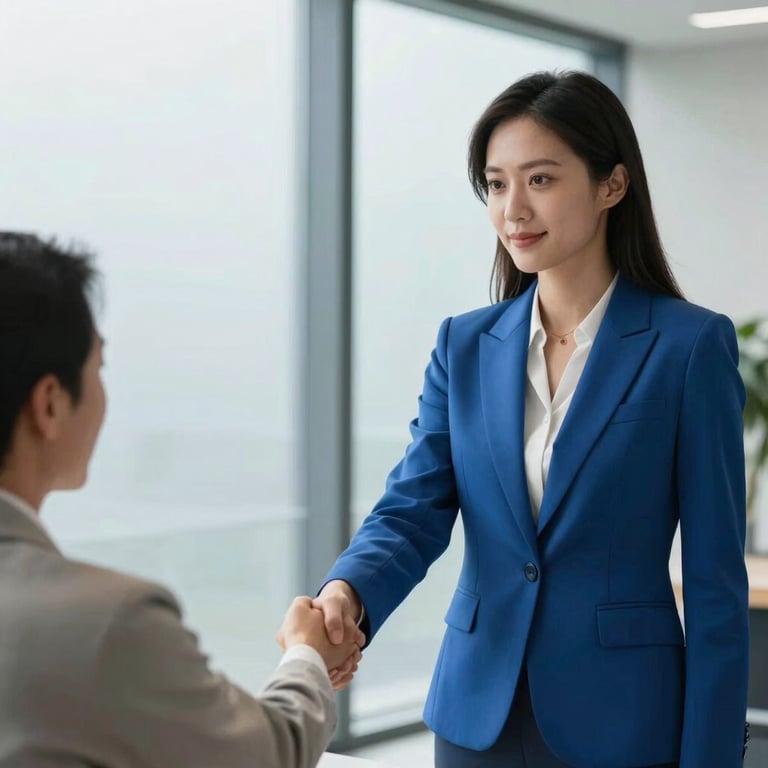 A professional woman in a steel blue blazer shaking hands with a candidate in a bright, airy lobby with misty blue glass panels.