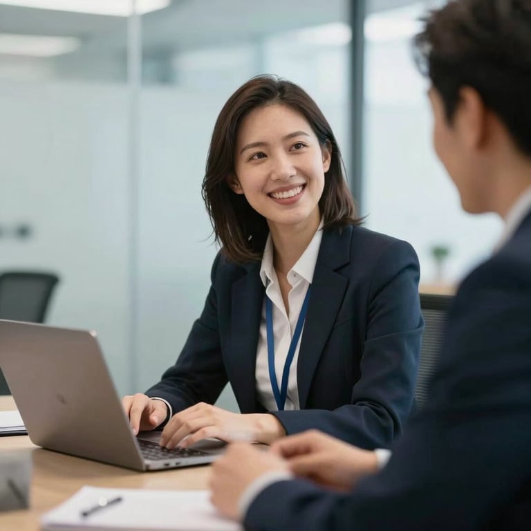 Candid shot of a technical recruiter interviewing a candidate, both smiling professionally in a soft ice colored office environment.