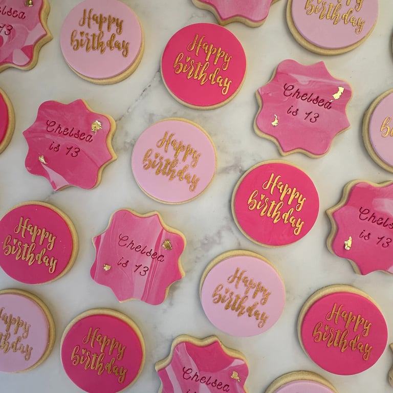 Pink birthday sugar cookies with Happy Birthday messages