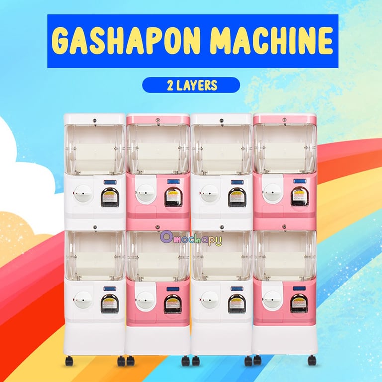 Mesin gashapon full size dengan dua tingkat untuk kapsul mainan.