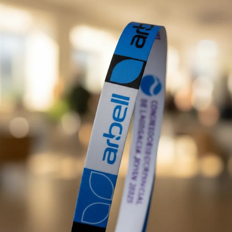 Cintas personalizados fabricados por MDPromo para empresas, congresos y eventos corporativos.