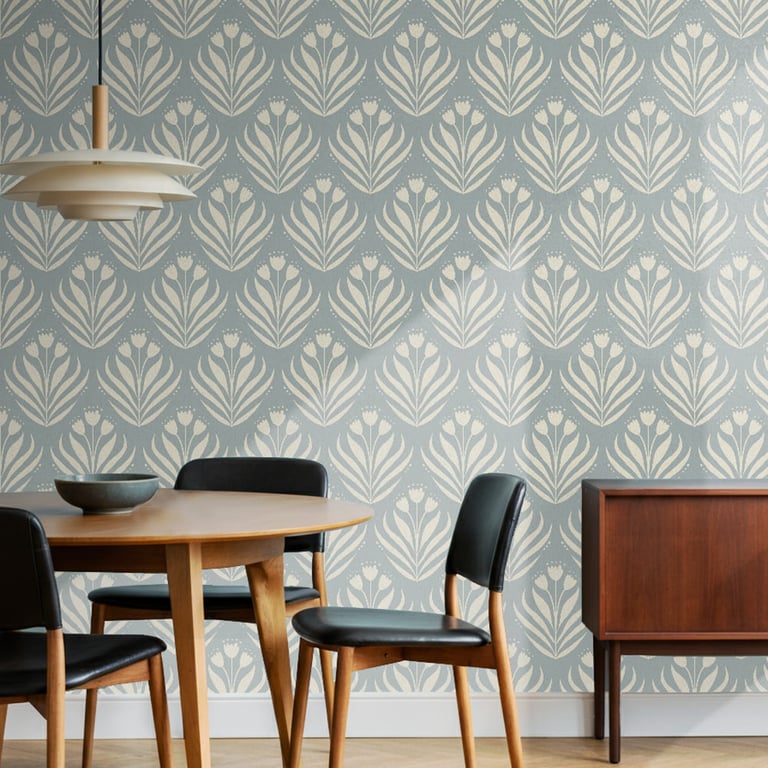 Soft baby blue tulip stripe wallpaper in living room — The Wallpaper Edit 