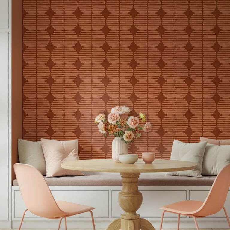 Funky Orange Mid-century Organic geometric wallpaper in a dining room — The Wallpaper Edit 