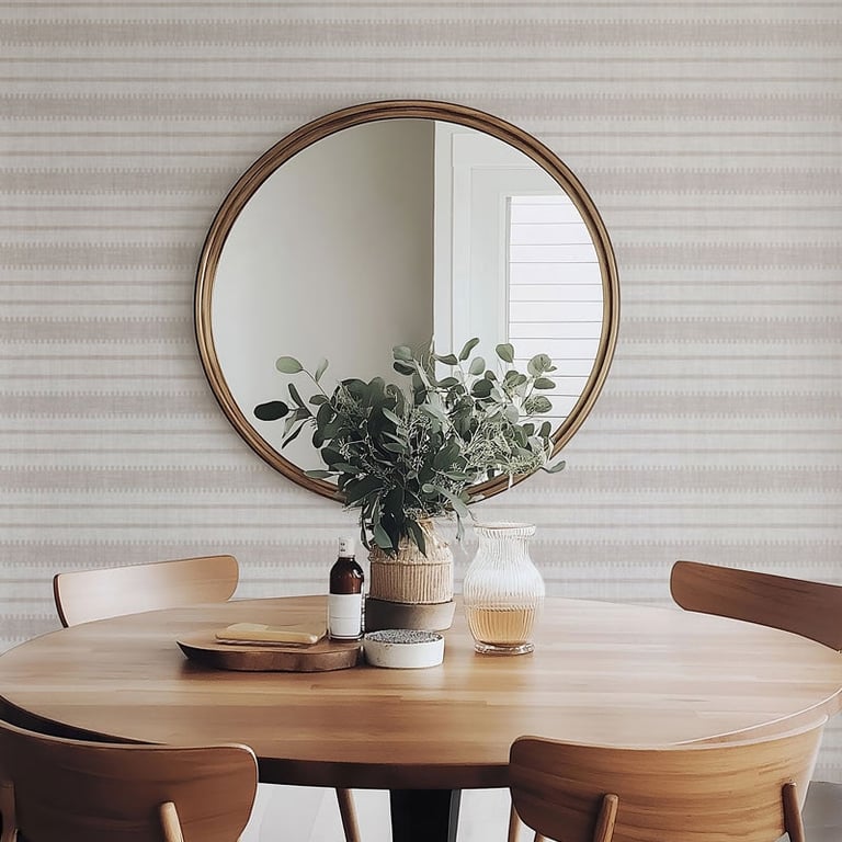 Beige Unique Horizontal Ticking Stripe wallpaper in dining nook — The Wallpaper Edit 