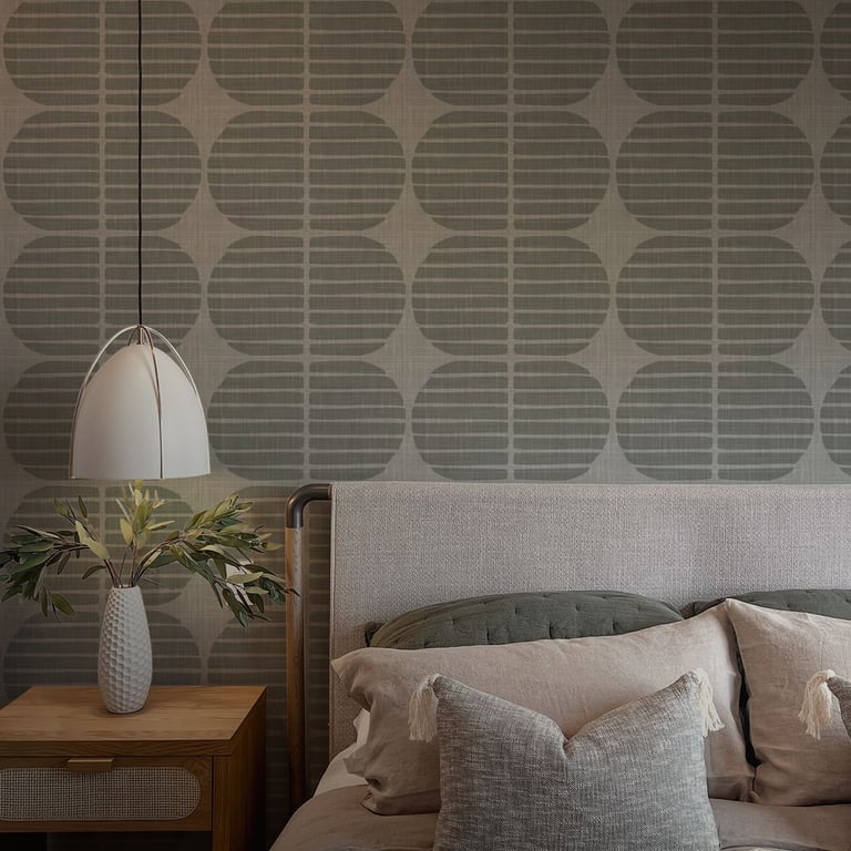 Grey Blue Mid-century Organic geometric feature wallpaper behind a modern bed — The Wallpaper Edit 