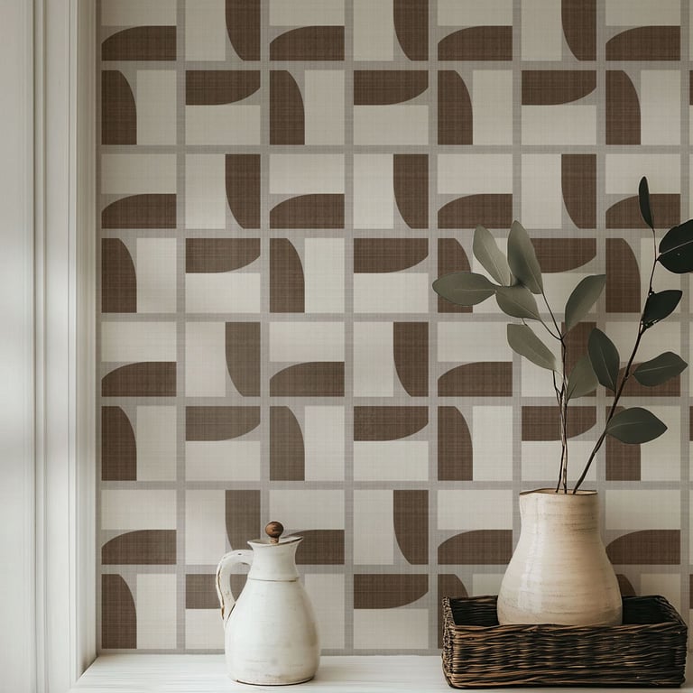 Beige Brown retro mid-century geometric wallpaper in a kitchen / living area — The Wallpaper Edit 