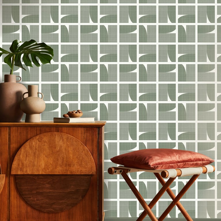 Sage green retro mid-century geometric wallpaper in a living room — The Wallpaper Edit 
