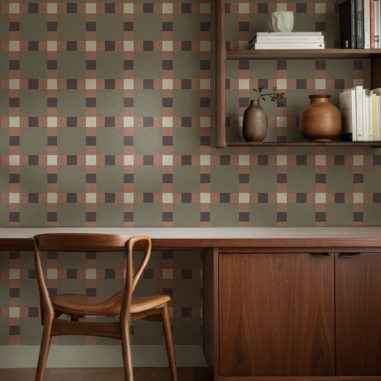 Sage dusty green geometric check wallpaper in a home office — The Wallpaper Edit 