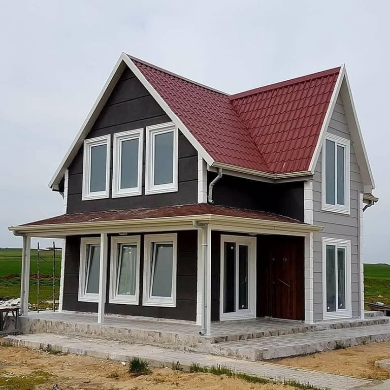 a house with a red roof and a red roof