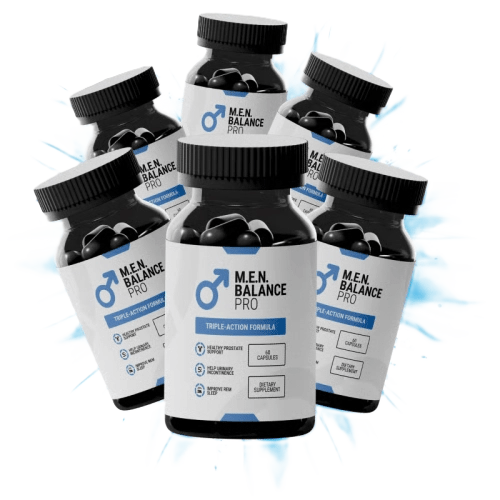 Six bottles of M.E.N. Balance Pro dietary supplement capsules for men's prostate health and sleep support.