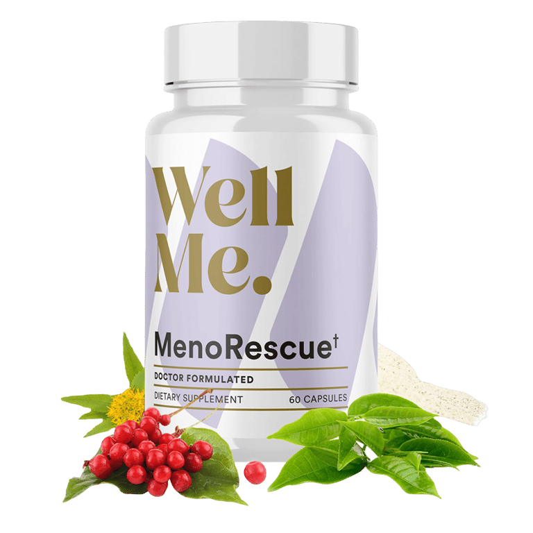 WellMe MenoRescue menopause supplement bottle with herbal ingredients like schisandra berries and green tea leaves.