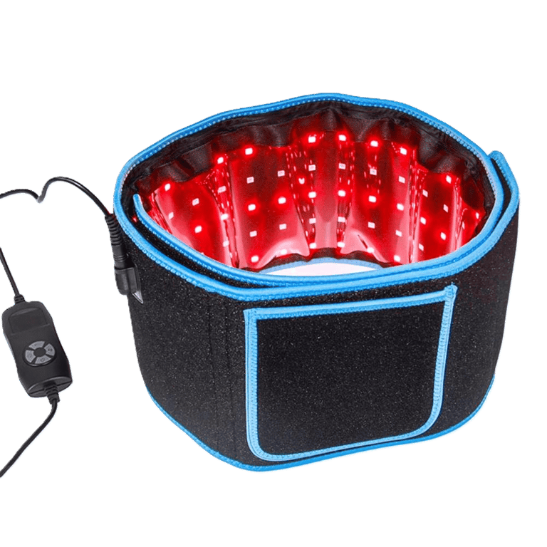 Red light therapy belt with glowing LED infrared lights for muscle recovery and pain relief.