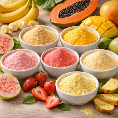 Dehydrated, spray dried fruit powder for smoothies and fresh beverages, juices