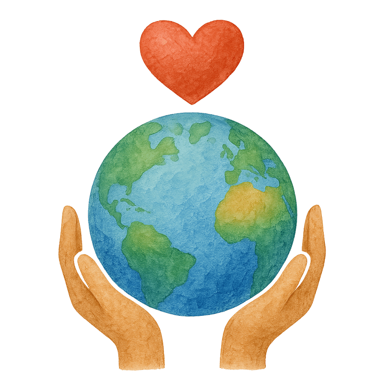 zwei Hände umfassen die Weltkugel mit einem Herz darüber
