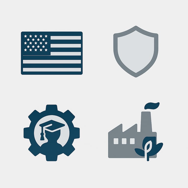 Minimalist blue and silver U.S. flag icon representing American manufacturing.