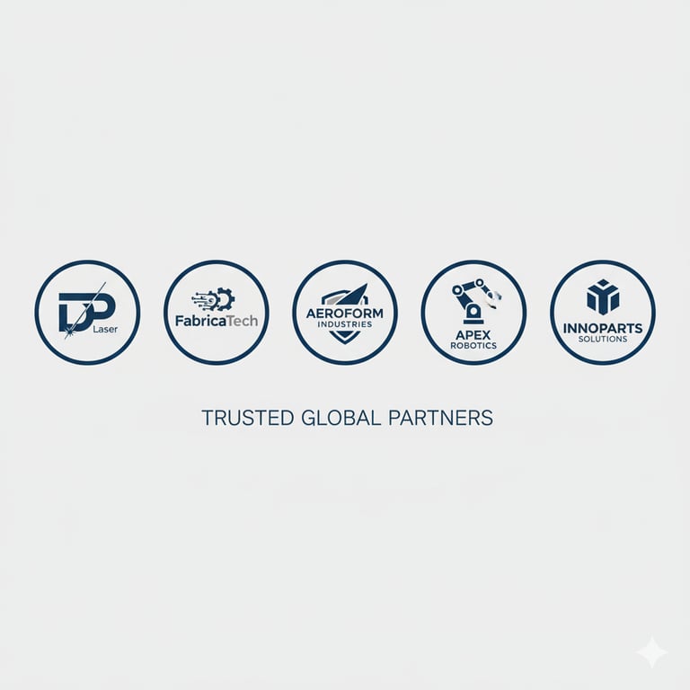 Horizontal strip of partner logos including DP Laser and other fictional suppliers, displayed in uni