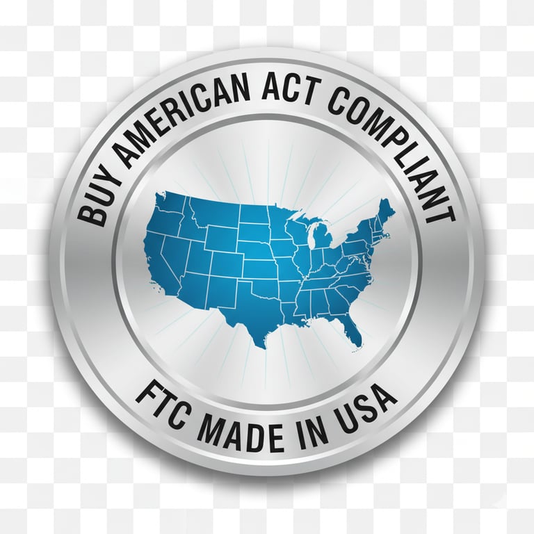 Metallic badge reading “Buy American Act Compliant” and “FTC Made in USA,” symbolizing full domestic
