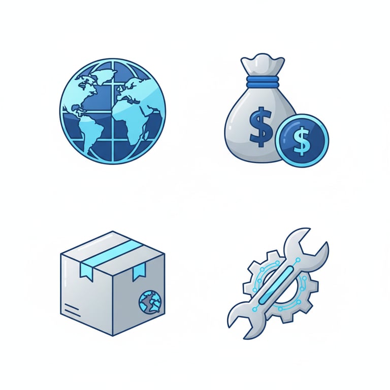 Minimalist blue and silver globe icon representing international sourcing.