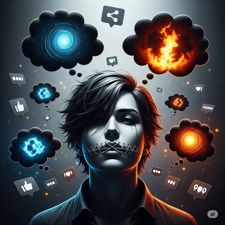 Boca costurada, ícones de redes sociais, silêncio da opinião.