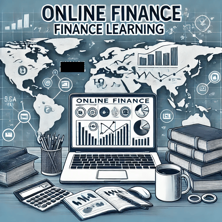 The scene shows a laptop with financial charts and graphs on the screen and textbooks stacked nearby