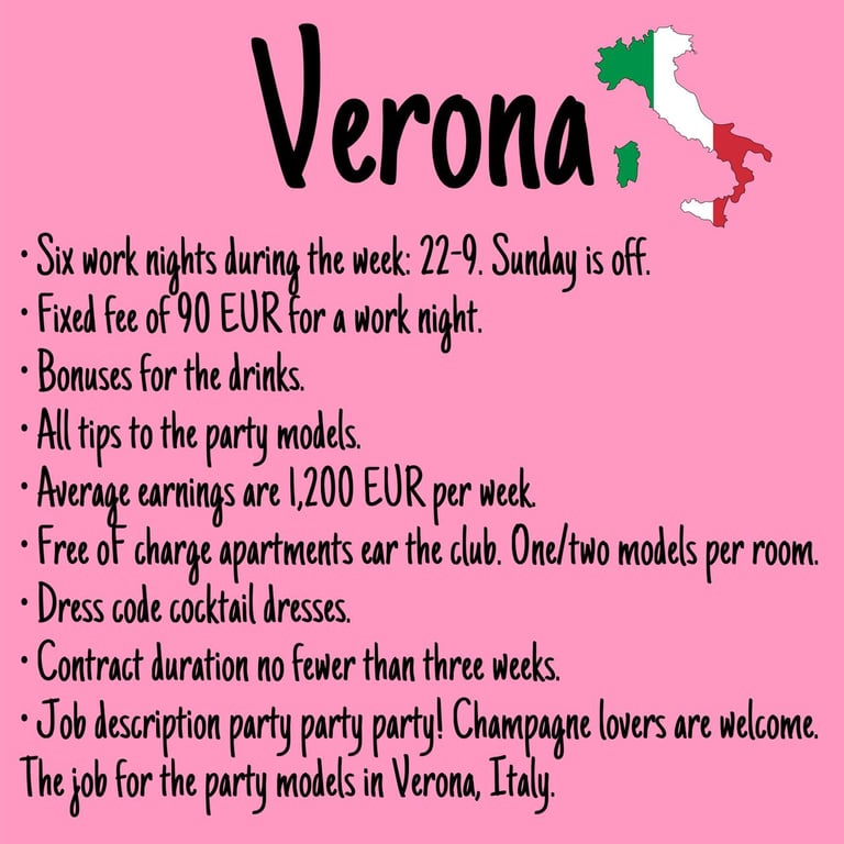 Darbas įvaizdžio merginoms Italijoje, Veronoje