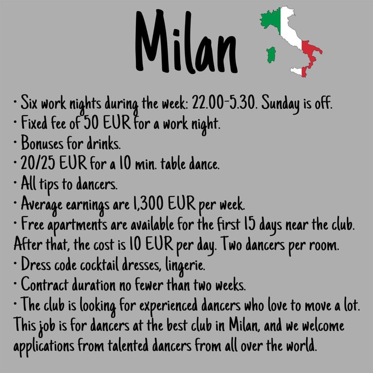 Striptease jobs in Italy, Milan