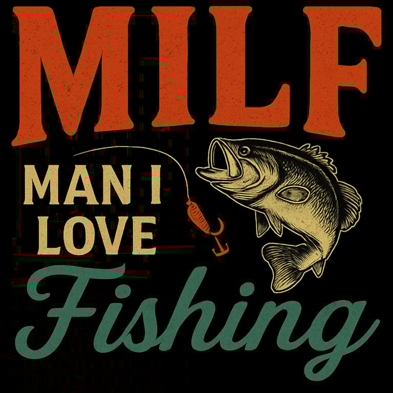 Funny vintage fishing shirt with large MILF acronym and text “Man I Love Fishing” with bass, rod, an