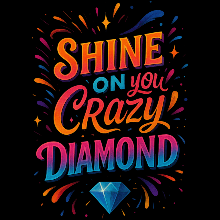 Bold design with “Shine On You Crazy Diamond” in vibrant 3D lettering with sparkles and a gem icon