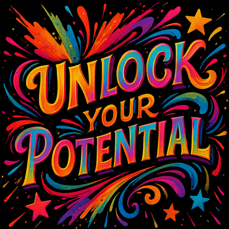 Bold design with “Unlock Your Potential” in 3D rainbow letters with swirls, stars, and splash bursts