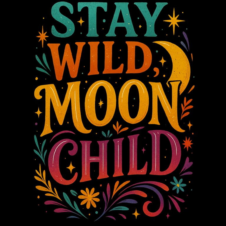 Colorful boho design with “Stay Wild Moon Child” text, stars, florals, and crescent moon on black