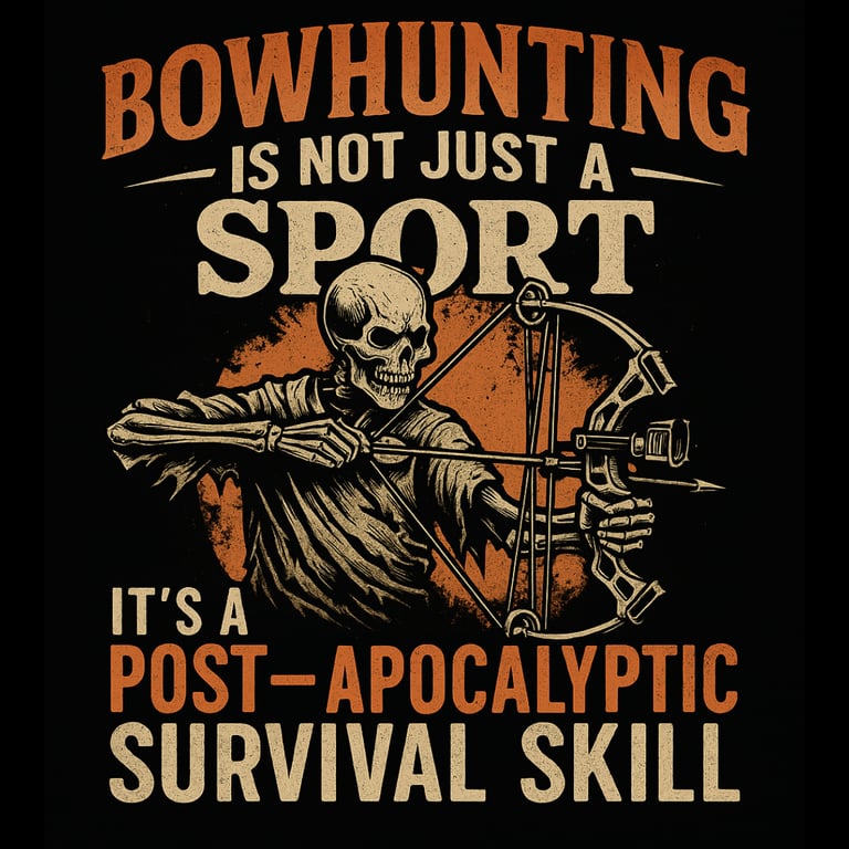 Skeleton drawing a compound bow with the phrase “Bowhunting is not just a sport, it’s a post-apocaly