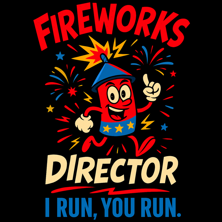 Funny cartoon firework with text: Fireworks Director – I Run, You Run