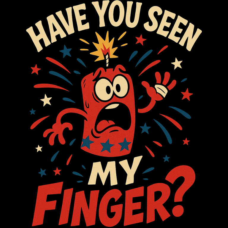 Panicked cartoon firecracker missing a finger with text: Have You Seen My Finger?