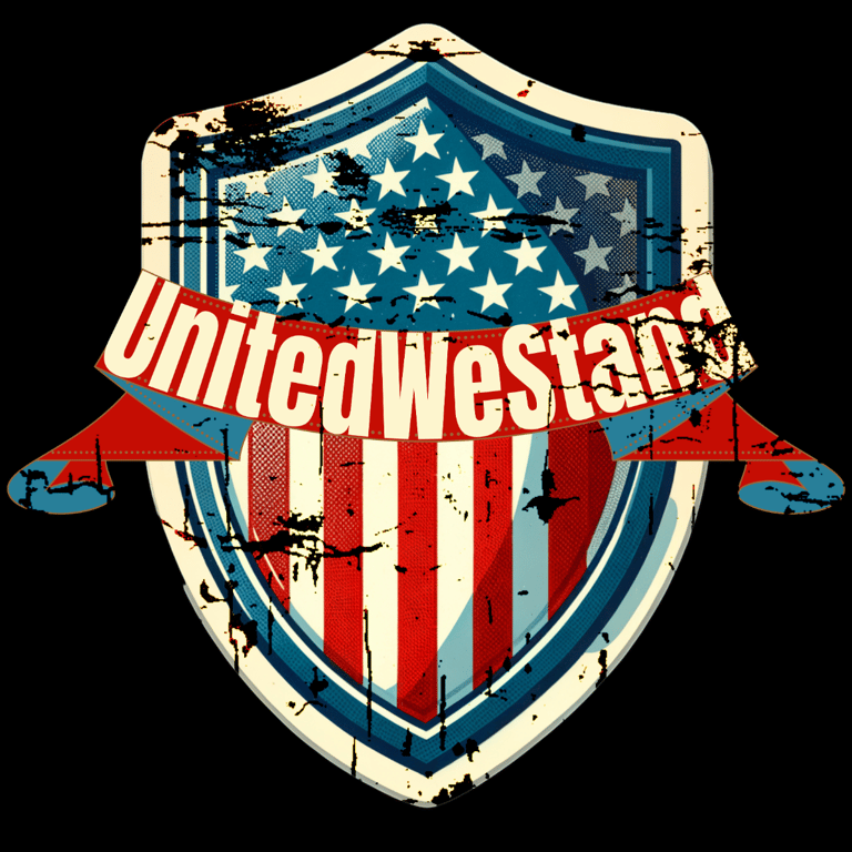 Grunge-style red, white, and blue shield with stars and “United We Stand” banner