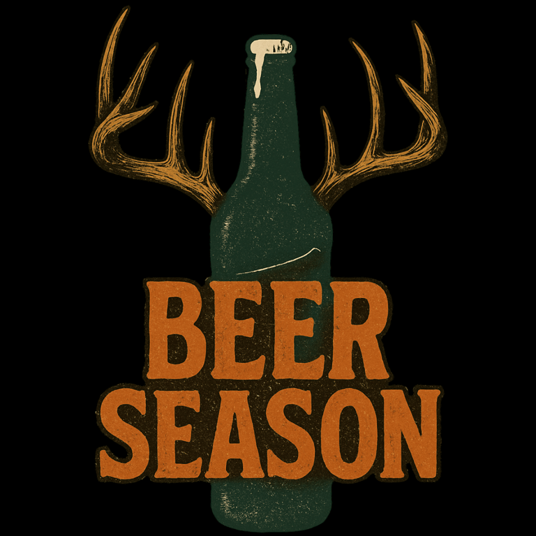 Vintage "Beer Season" design with dark green beer bottle, realistic antlers, and distressed retro te