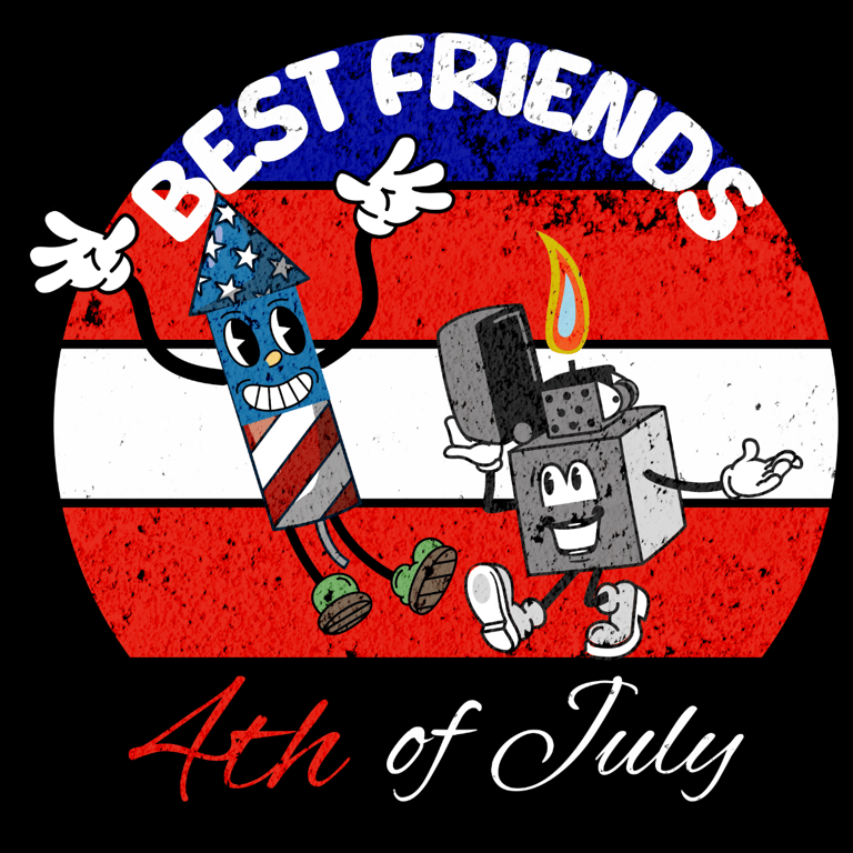 Cartoon firework and lighter with “Best Friends” and patriotic grunge background
