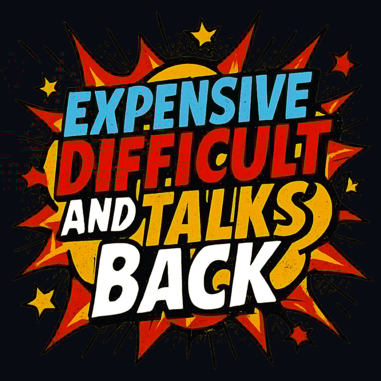 Colorful comic-style text: “Expensive, Difficult, and Talks Back” on starburst